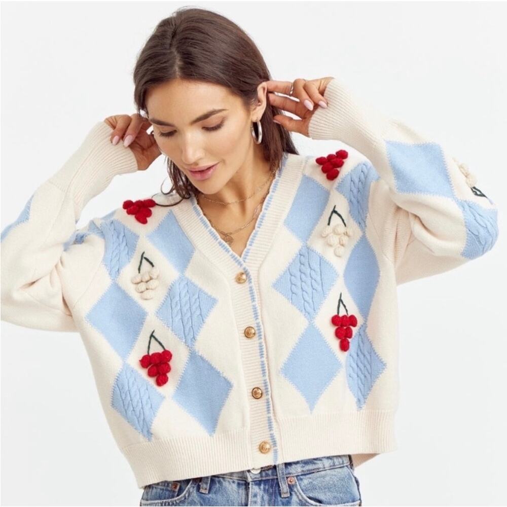 Greylin pom pom cardigan women’s M argyle cherry pattern cream blue artsy twee
